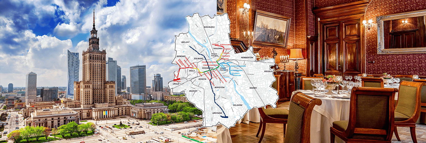 Kulturpalatset, karta över tunnelbanan och en resturang i Warszawa.